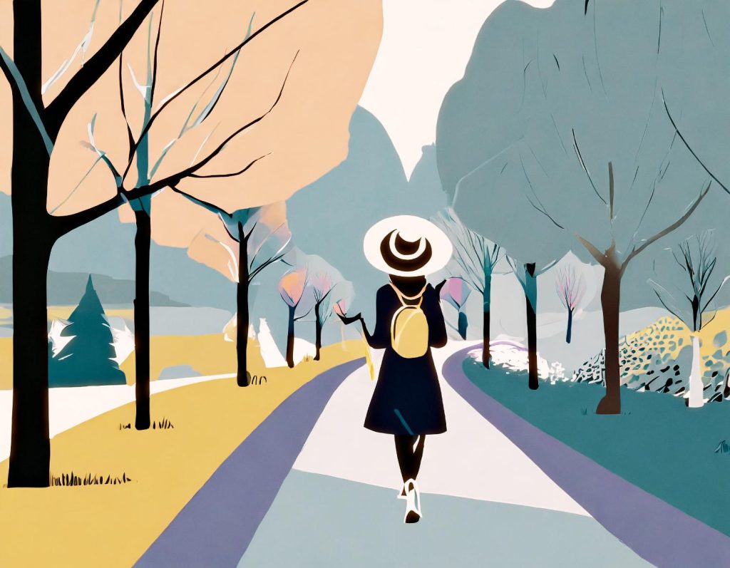 A chic illustration showcases a person in a dark coat and wide-brimmed hat, walking through tranquil woods with a stylish yellow backpack.
