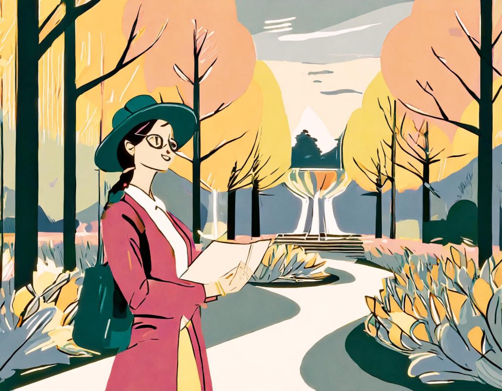 A stylish traveler dons a chic hat and glasses, navigating a scenic autumn path with map in hand. A grand fountain graces the vibrant backdrop. #TravelWithStyle