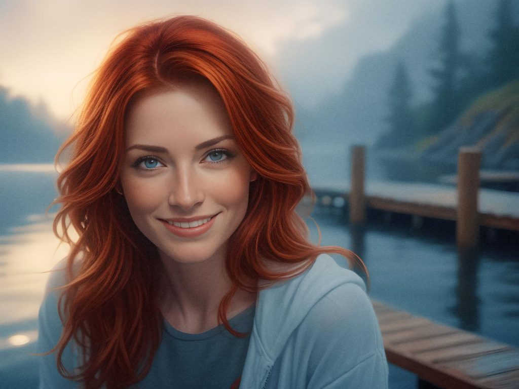 A red-haired woman exudes casual elegance by a misty lake at dawn in a light blue top, grey hoodie, and trendy messenger bag. #EffortlessStyle