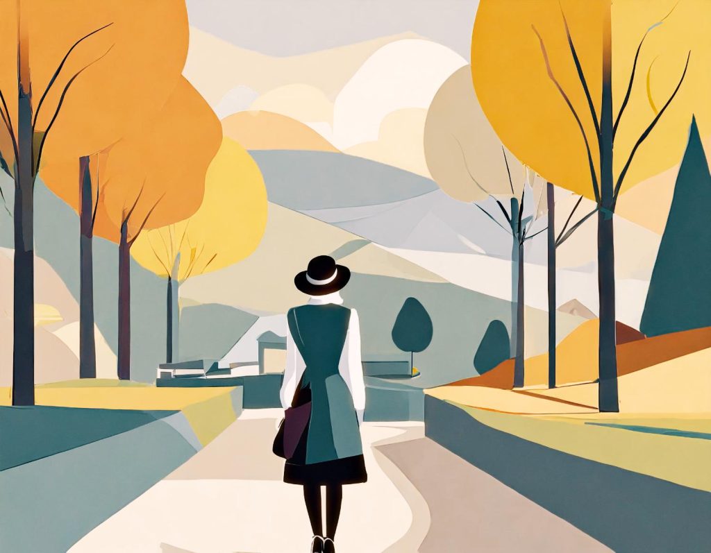 A chic illustration: a figure in a hat, green overcoat, and skirt strolls down an autumnal path with stylish floral packing cubes. Mountains loom behind.