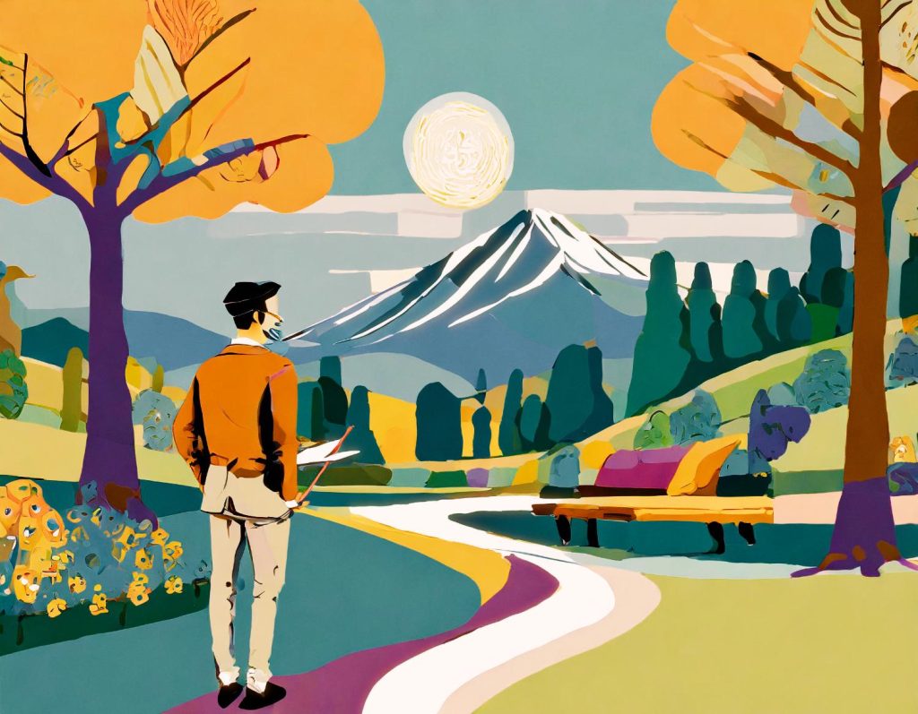 Unveiling the Demographics: Who Typically Uses Messenger Bags? - Visual storytelling x Vivid illustration of a stylish artist in a hat and jacket, holding paint supplies; his messenger bag complements the scenic backdrop of colorful trees, a bench, and snow-capped mountains under a bright sun.