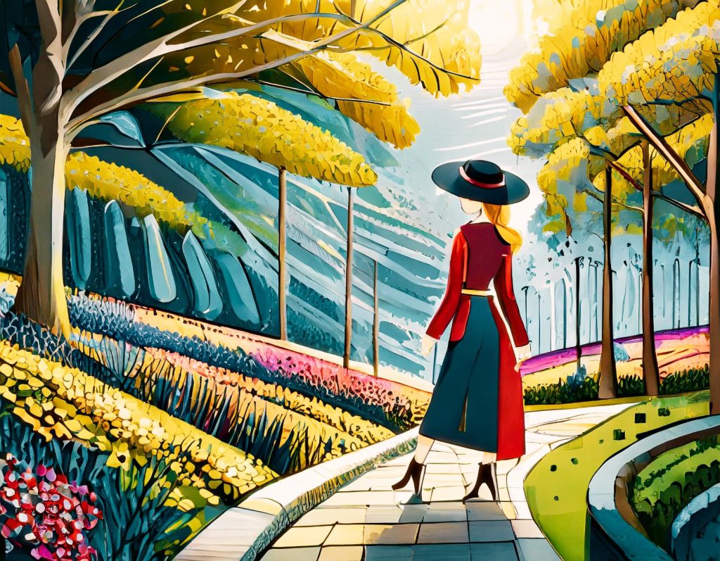 A fashion-forward woman in a red jacket and wide-brimmed black hat, carrying a chic Kenneth Cole REACTION bag, strolls through a vibrant garden.