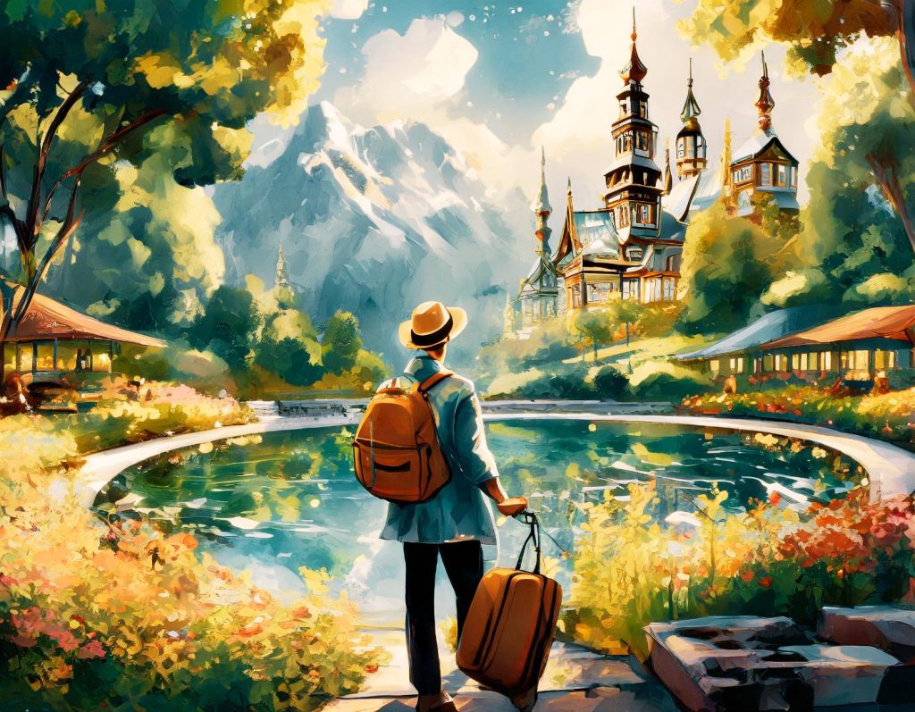A fashion-forward traveler with a Kenneth Cole REACTION backpack and suitcase takes in a serene pond, lush gardens, ornate buildings, and snow-capped mountains.