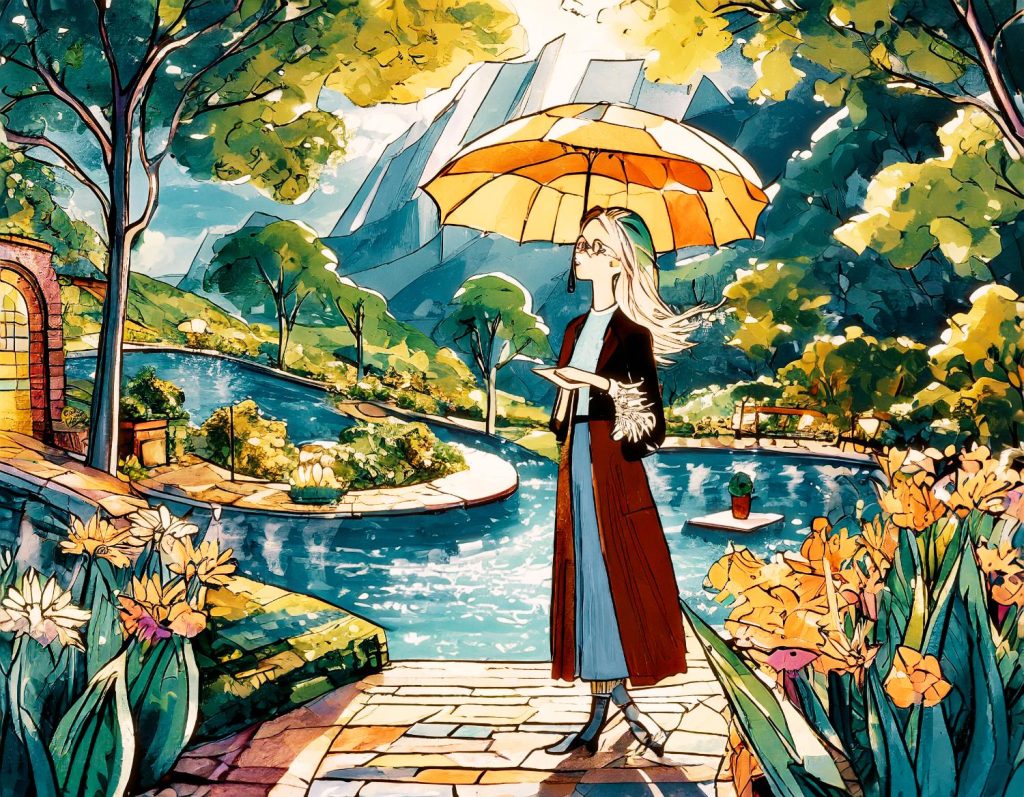 A stylish woman with long, flowing hair stands by a river, her yellow and orange umbrella popping against vibrant flowers. She dons a chic coat, boots, and a fashionable messenger bag, set against lush trees and majestic mountains under a bright sky—embodying timeless elegance in diverse nature settings.