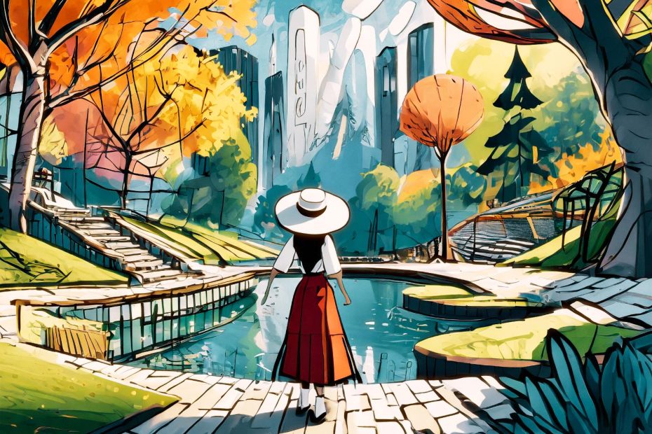 A chic individual in a white hat and red skirt by a serene pond, vibrant autumn trees, shaded pathways, and futuristic buildings glimmer in the background.