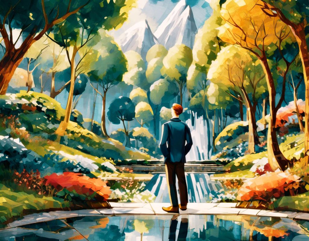 A stylish man in a blue jacket, paired with a chic Messenger bag, stands by a serene pond. Vibrant trees and flowers frame his view of majestic mountains and a cascading waterfall under a bright sky.