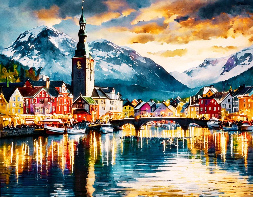 A vibrant painting showcases a chic lakeside town with colorful houses and a luxe church tower. Snow-capped mountains and dramatic clouds add flair.