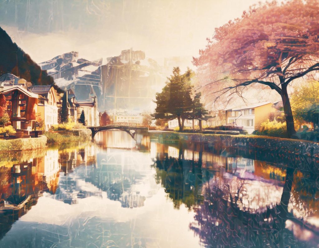 A picturesque riverside town epitomizes serene elegance with chic houses, a stylish bridge, and snow-capped mountains under a dreamy sky; travel in vogue.