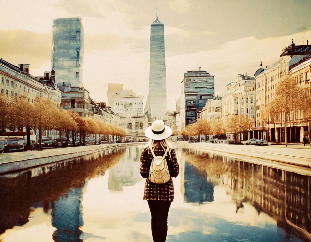 A stylish traveler with a chic hat and backpack stands by serene waters, reflecting a bustling cityscape of towering skyscrapers, framed by warm-toned trees.