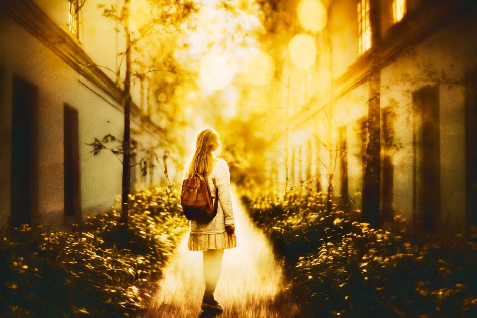 A person with flowing hair, sporting a chic light coat, retro polarized sunglasses, and a stylish brown backpack, stands on a lush path bathed in golden light. Perfectly blending vintage flair with modern elegance amidst urban greenery.
