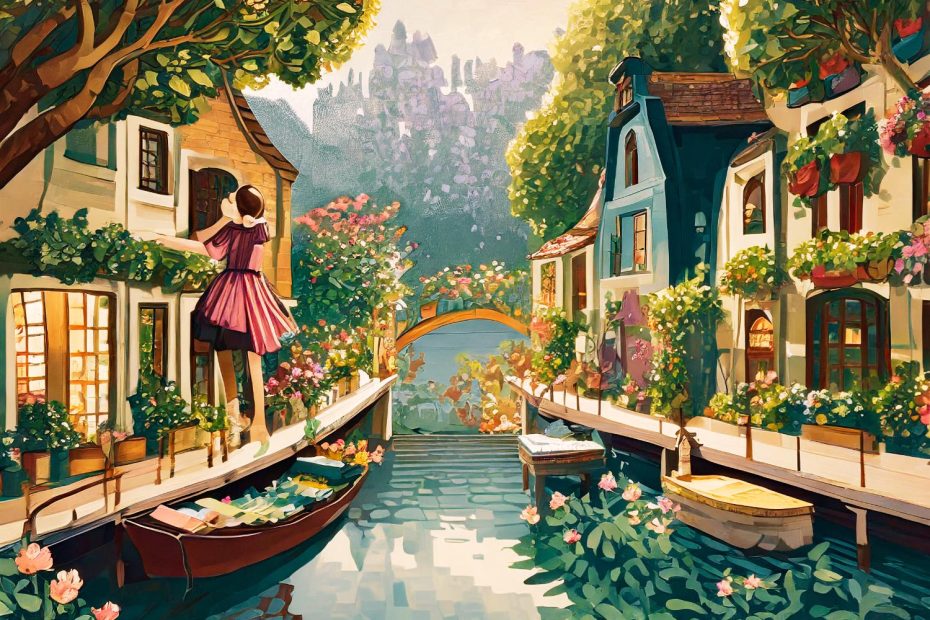 A woman in a chic pink dress, showcasing sustainable fashion, stands by a picturesque canal lined with colorful houses and blooming flowers. Stone bridge and moored boats complete the serene scene.