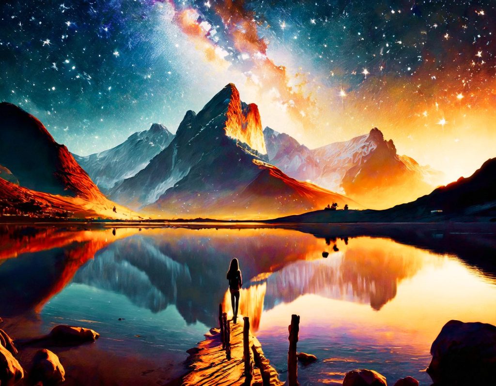 A stylish figure on a wooden pier gazes through retro polarized sunglasses at jagged mountains, reflected in a serene lake beneath a stellar Milky Way.