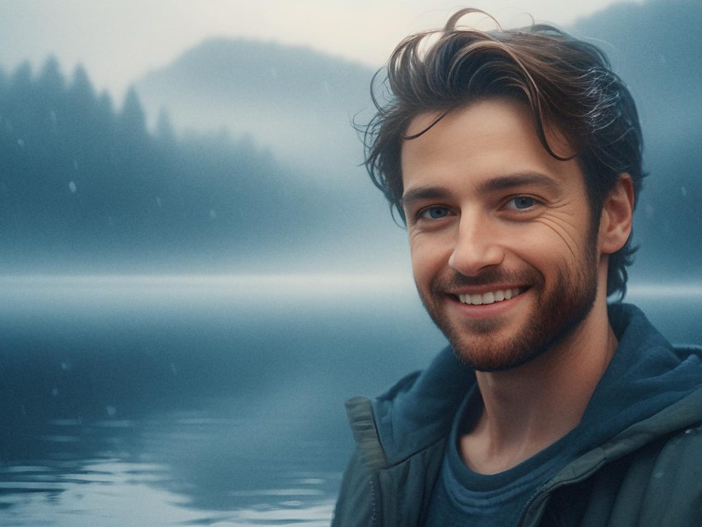 A bearded man with short brown hair smiles outdoors by a serene lake, surrounded by misty hills. His jacket, shirt, and detailed canvas belt epitomize casual chic style.