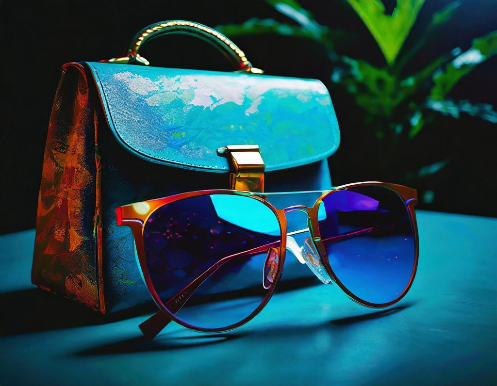 A chic teal-and-gold vegan leather handbag with a floral pattern, paired with trendy blue-tinted sunglasses featuring orange frames, set against lush green foliage for a fresh and dynamic vibe.
