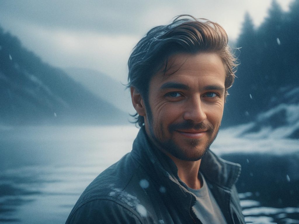 A man with short dark hair and a warm smile stands by a misty lake, styled in a rugged jacket and canvas belt. Snowflakes fall, accentuating his winter style amidst the serene forested hills.