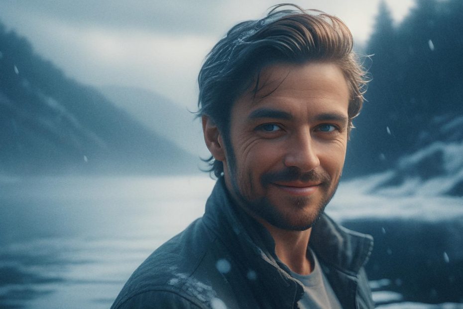 A man with short dark hair and a warm smile stands by a misty lake, styled in a rugged jacket and canvas belt. Snowflakes fall, accentuating his winter style amidst the serene forested hills.