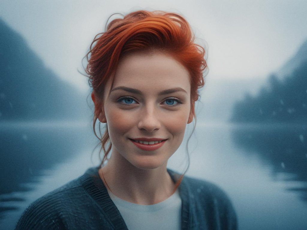 A red-haired woman with blue eyes and a slight smile stands by a serene lake, donned in a grayish-blue sweater and a stylish men's canvas belt.