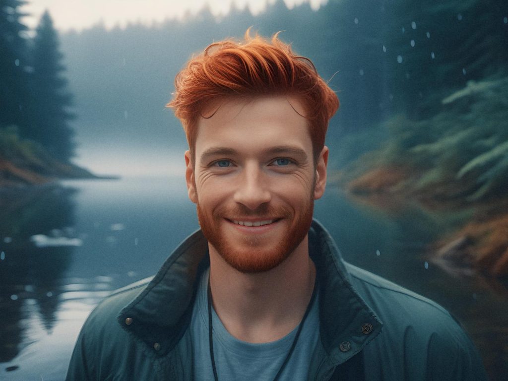 A red-haired man with a beard smiles against a serene forest lake backdrop, wearing a dark green jacket and stylish men's canvas belt. Misty rain enhances the tranquil vibe.