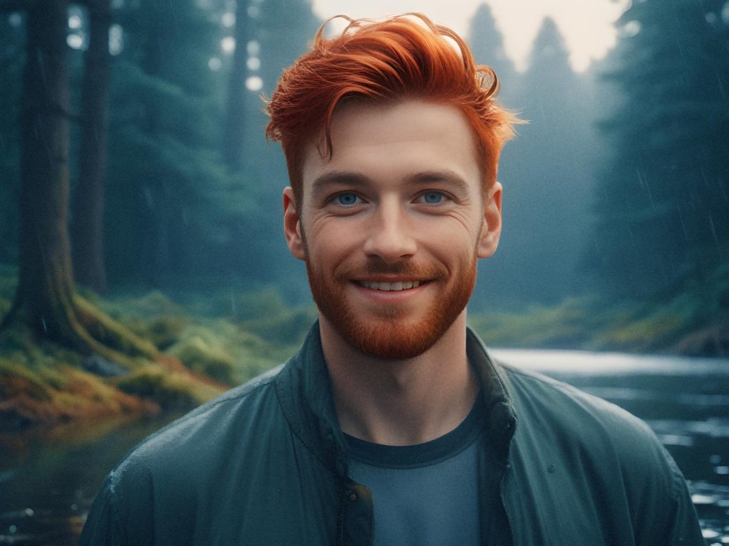 A young man with vibrant red hair and beard, sporting a green jacket and gray shirt, smiles warmly by a misty forest river. His messenger bag exudes casual style amidst lush greenery.