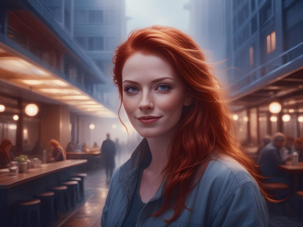 A stylish woman with long red hair and blue eyes stands in an inviting, softly-lit alleyway lined with restaurants. Her casual jacket and chic messenger bag exude effortless street style, while a gentle smile completes her trendy look amidst the cozy ambiance.