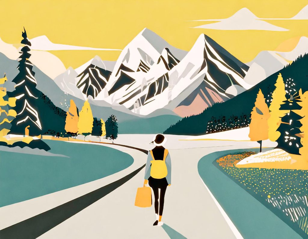 A stylistic illustration of a traveler on a winding road towards snowy peaks under a vivid yellow sky, surrounded by colorful trees and foliage. Fashion for the adventurous spirit.