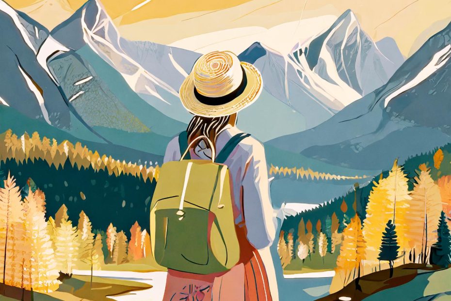 Illustration of a traveler in chic fall fashion: a straw hat, green backpack, and light attire against vibrant autumn trees and snow-capped mountains.