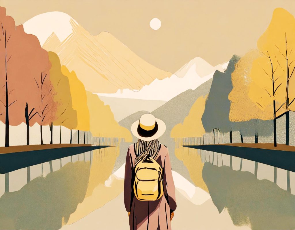 A stylish traveler in a chic hat and vibrant yellow backpack stands by a serene river, framed by autumn trees, snow-capped mountains, and a full moon, all in pastel hues.
