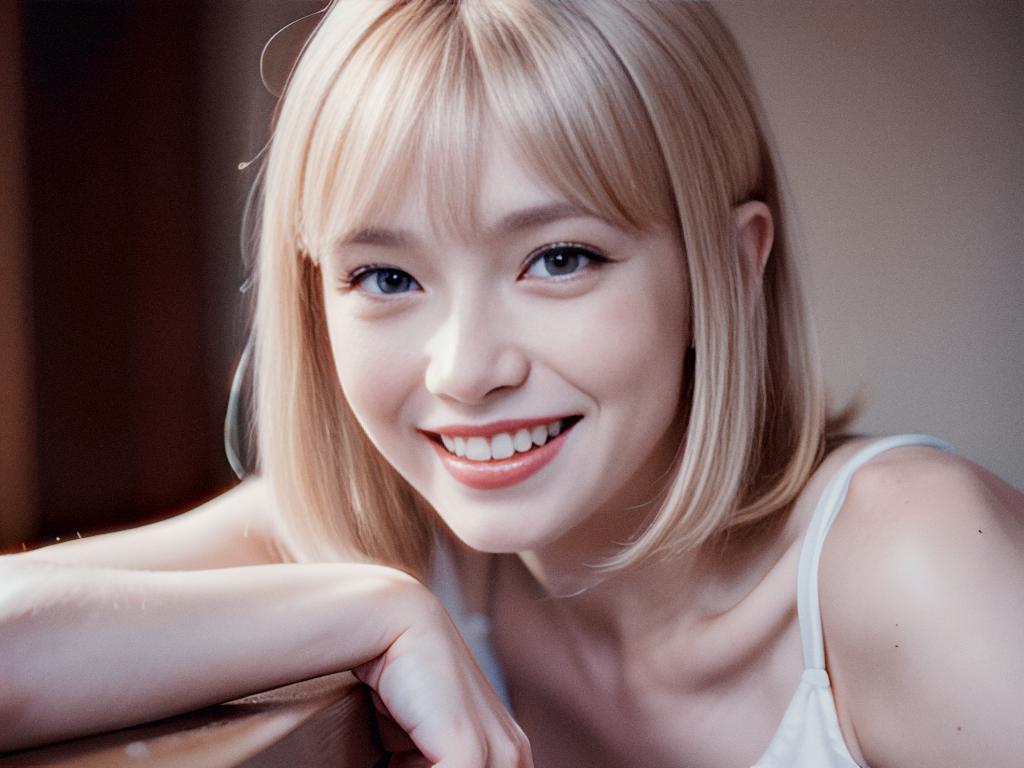 A chic individual with short blonde hair and bangs, smiling in a white sleeveless top inspired by Michael Kors. Warm, softly-lit backdrop.