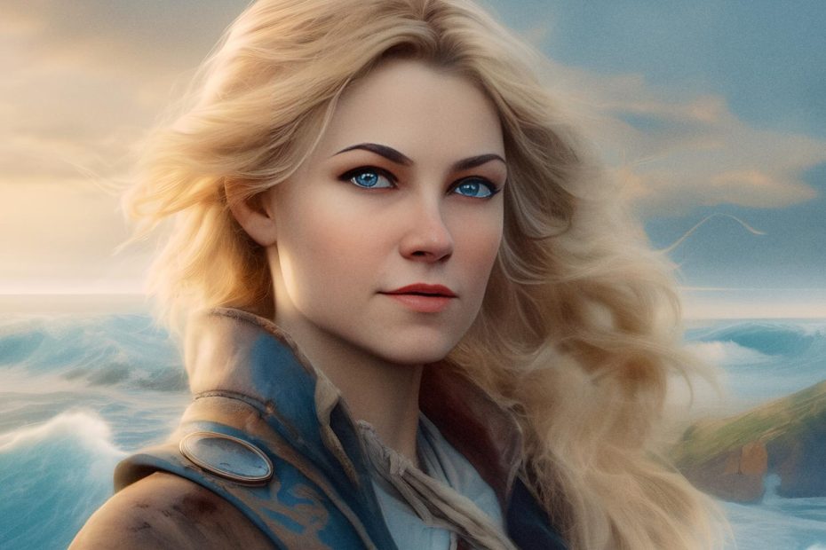 A woman with flowing blonde waves and piercing blue eyes stands by ocean waves. She's clutching a leather briefcase, styled in a chic brown coat and light scarf. Soft clouds cast a gentle glow, highlighting her serene elegance.