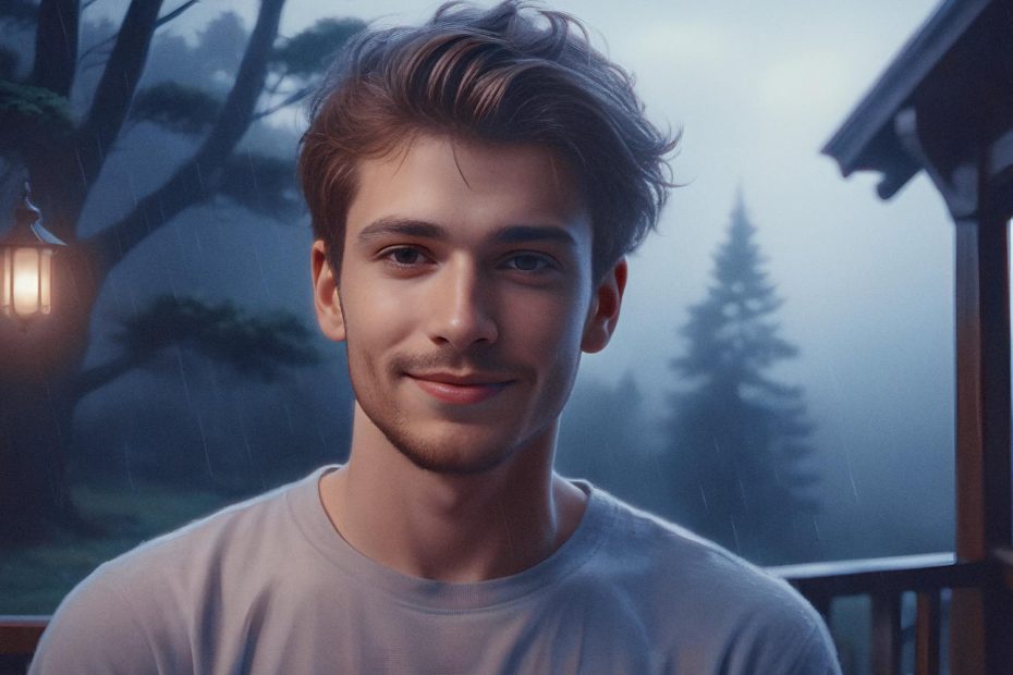 A young man with tousled hair and a slight smile stands on a dusk-lit porch. His light grey t-shirt perfectly embodies effortless men's style, with a misty forest and softly glowing lantern creating an enchanting backdrop as rain gently falls.