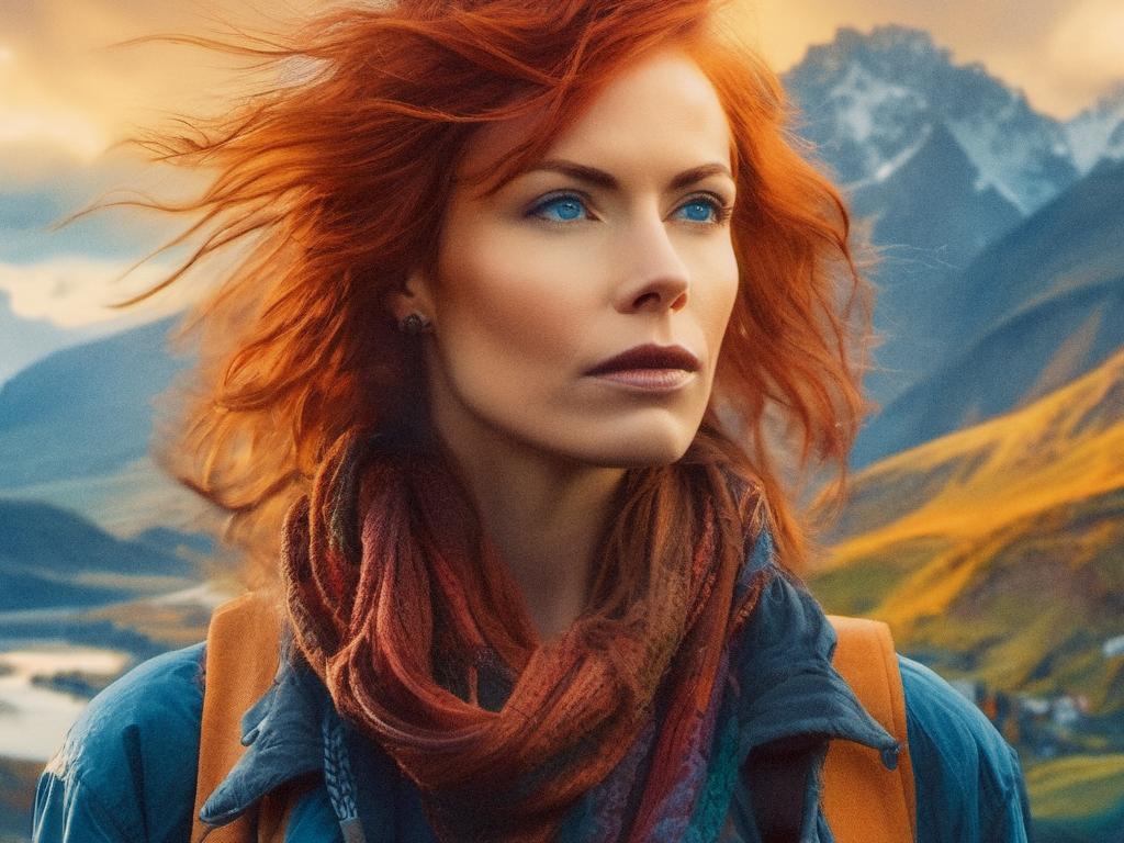 A woman with vibrant red hair and piercing blue eyes stands against a mountainous backdrop, her scarf and jacket blending rugged style with adventure.
