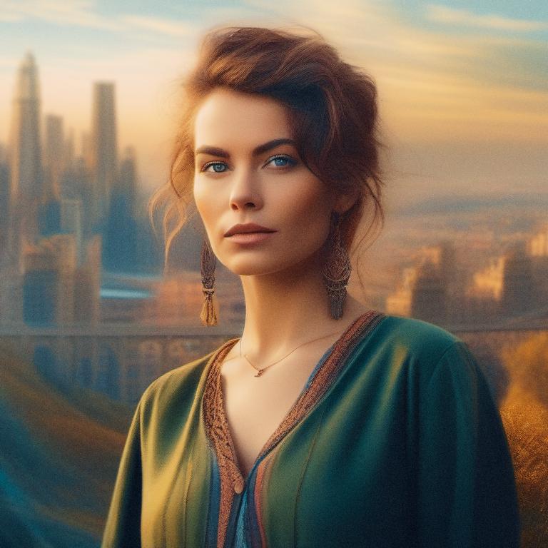 A woman with wavy brown hair stands against a sunset cityscape, adorned in an intricately designed green garment, dangling earrings, and a stylish satchel. A bridge and rolling hills complete the backdrop.