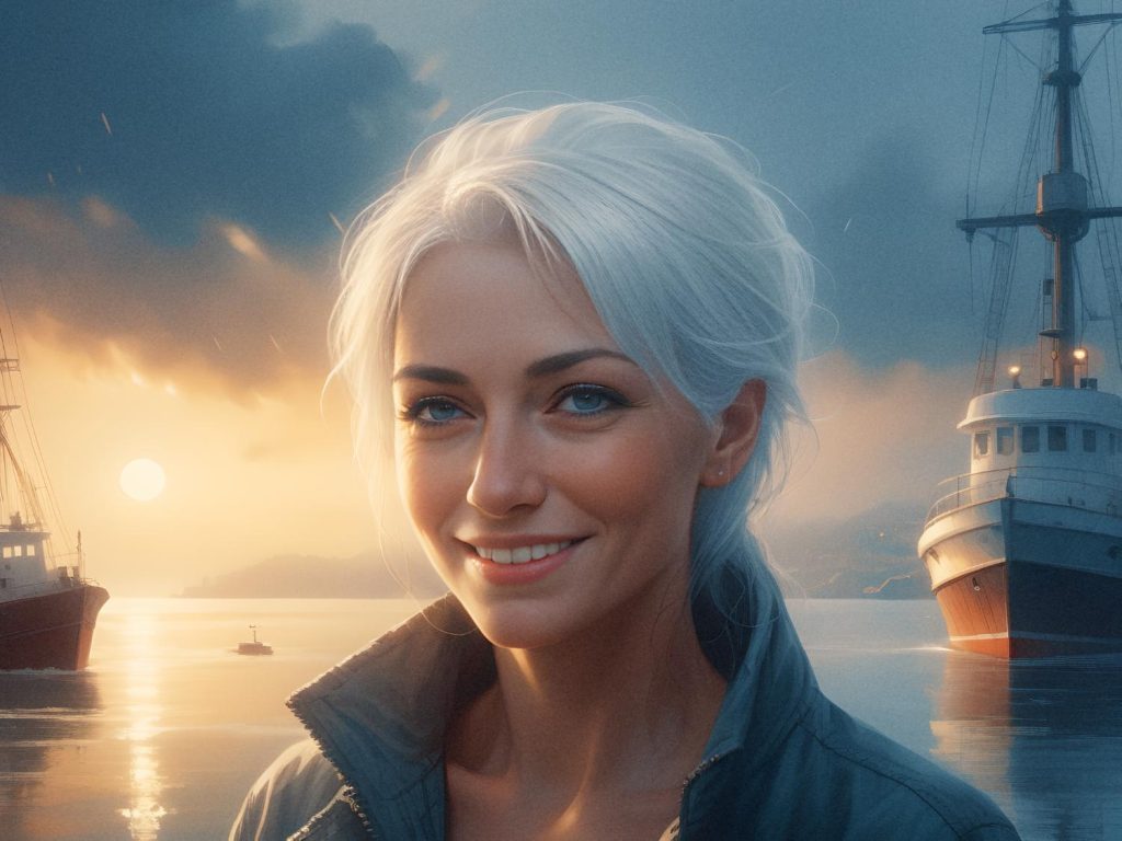 A fashionable woman with long white hair and a chic jacket showcases the latest handbag by a serene sunset, framed by docked ships and a distant boat.