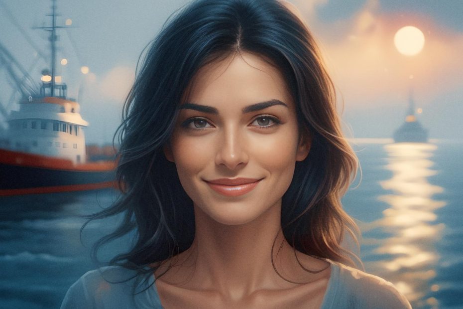 A young woman with wavy dark hair smiles softly by the ocean at dusk. Timeless fashion pieces glow in the sunset, blending elegance with modern trends.