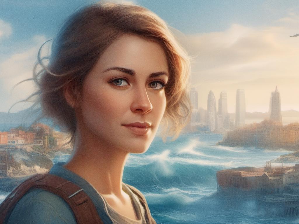 A stylish young woman with short, wavy hair and a serene expression gazes over a coastal cityscape. Her casual messenger bag adds to her effortless chic look as ocean waves crash against the rocky shoreline.