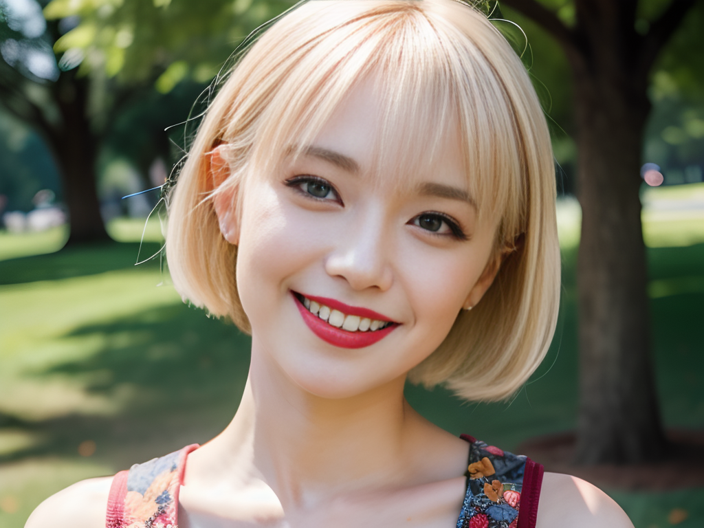 Chic young woman with a stylish blonde bob beams outdoors, flaunting a floral sleeveless top, bold red lipstick, and trendy fanny pack amid lush greenery.