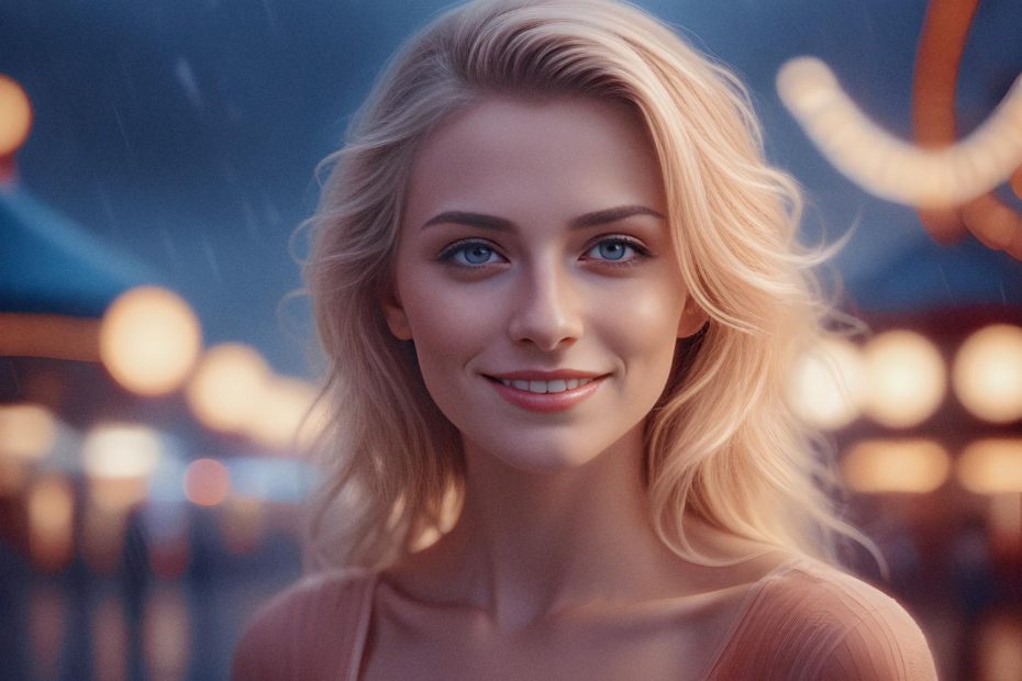 A young woman with flowing blonde hair and a soft smile stands outdoors at twilight, her chic messenger bag adding flair. Festive lights glow warmly behind her, creating a magical, stylish scene against the slightly cloudy sky.