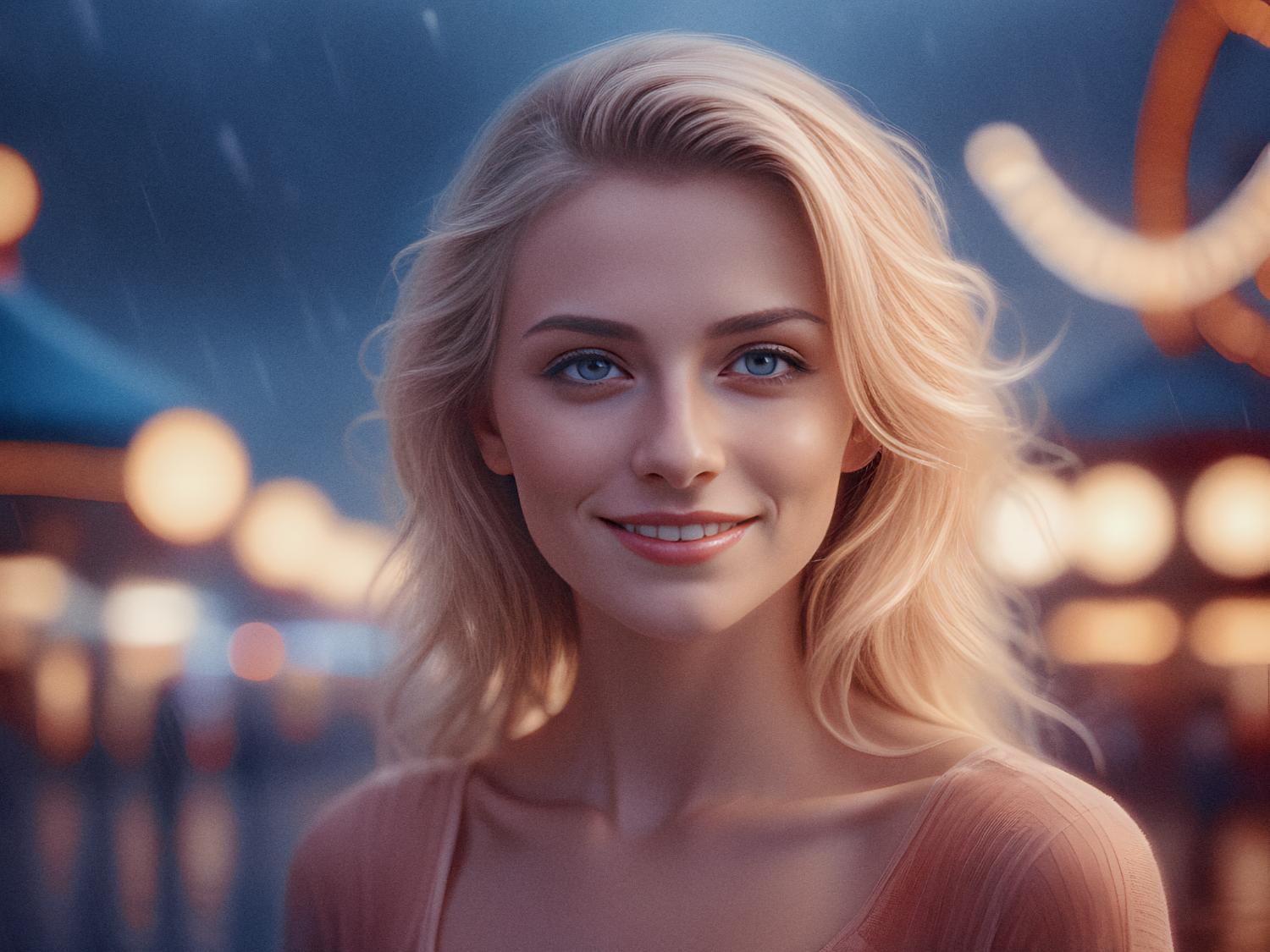 A young woman with flowing blonde hair and a soft smile stands outdoors at twilight, her chic messenger bag adding flair. Festive lights glow warmly behind her, creating a magical, stylish scene against the slightly cloudy sky.