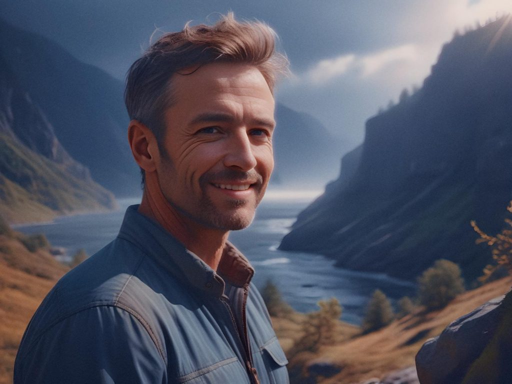 A stylish man with short gray hair and a beard, sporting a blue jacket and messenger bag, smiles against a breathtaking mountain backdrop.