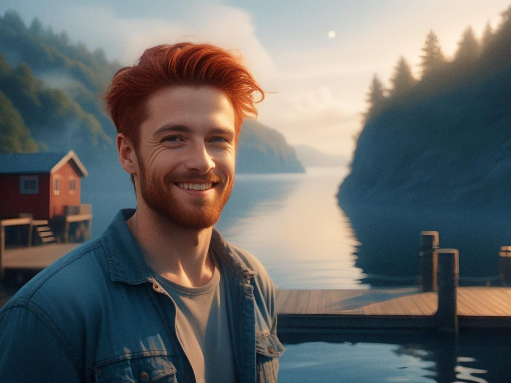 A red-haired man with a beard stands on a dock by a calm lake at sunset, clad in casual chic attire. Misty hills, pine trees, and a stylish red cabin offer a tranquil backdrop in this scene fit for a Michael Kors ad.