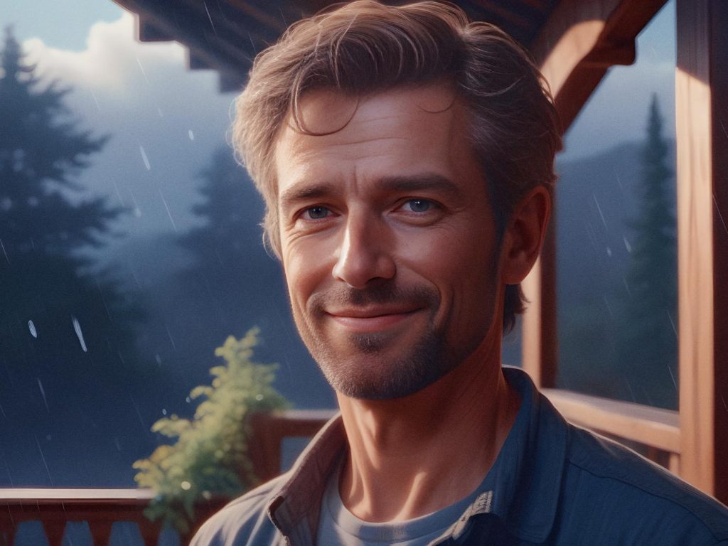 A stylish man with wavy hair and a beard smiles warmly on a porch, sporting a blue shirt and chic messenger bag. A serene, overcast mountain backdrop enhances his professional vibe.