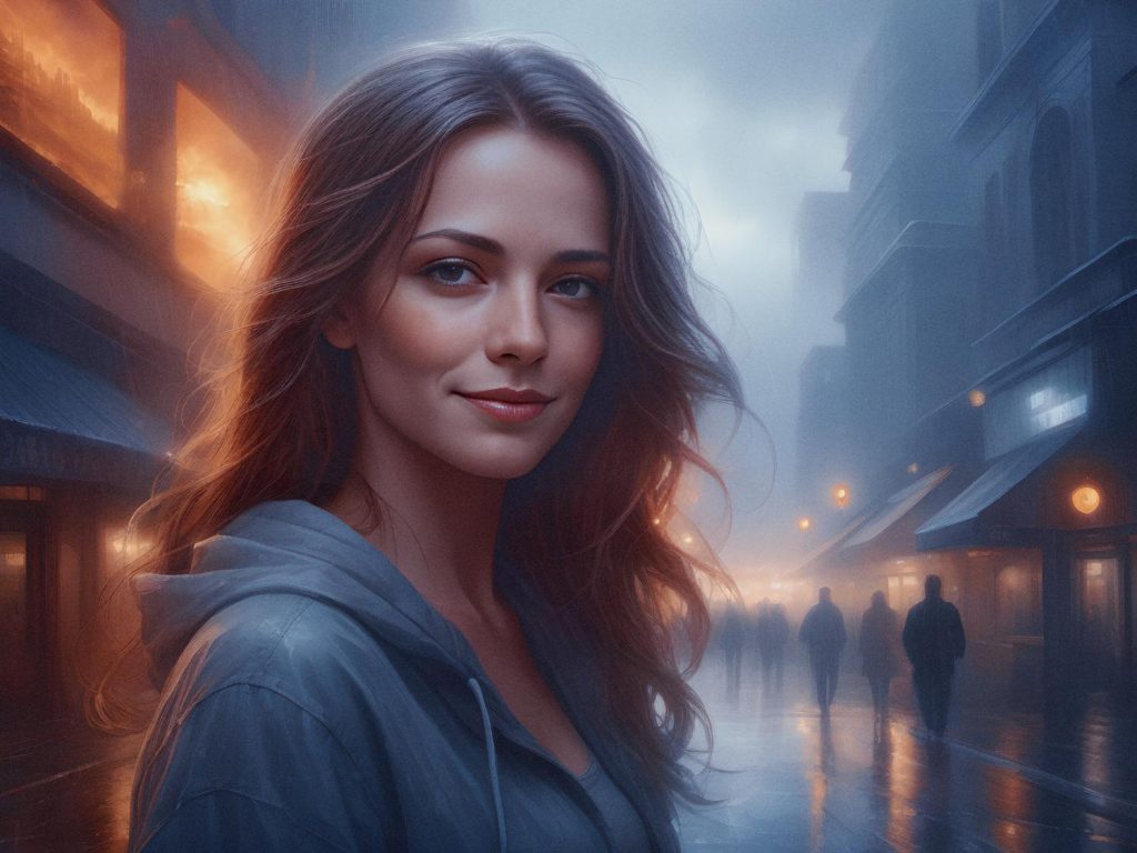 A stylish woman with wavy hair, in a gray jacket and chic messenger bag, smiles softly on a misty urban street lit by warm, glowing windows.