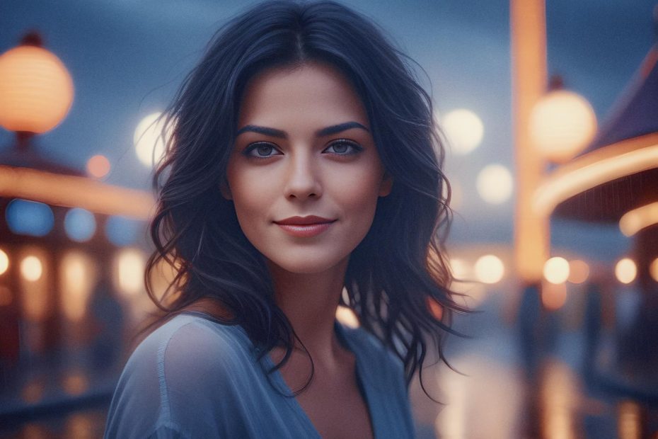 A chic woman with wavy dark hair and a gentle smile stands amid glowing evening lights. Her translucent top and stylish messenger bag exude effortless elegance. The scene's soft focus adds a dreamy ambiance. #FashionInspo