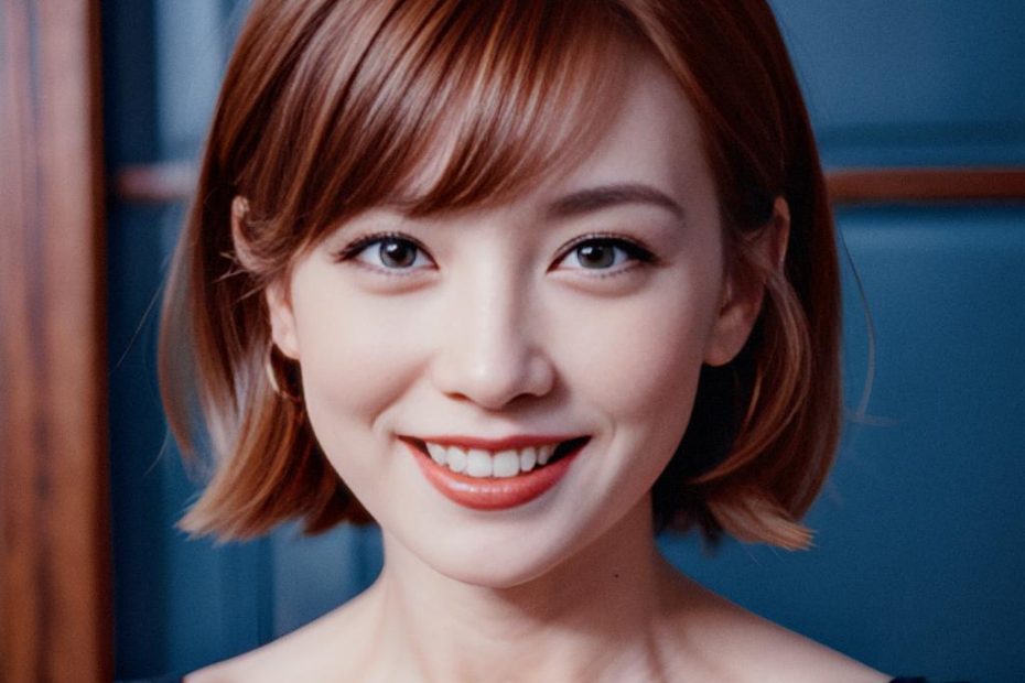 A person with short light brown hair and bangs smiles warmly, dressed in a chic Michael Kors sleeveless top, set against wooden and blue paneled walls.