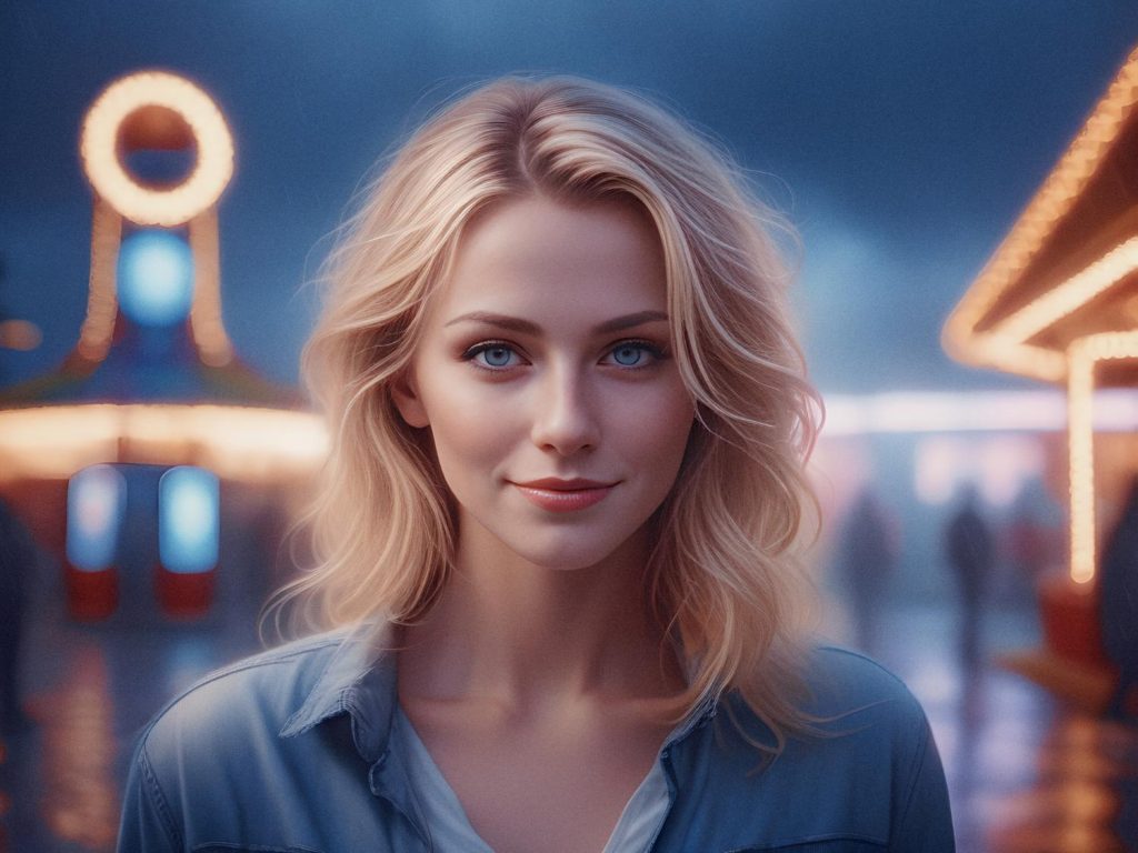 A blonde woman with blue eyes stands outdoors, smiling subtly against a lit-up carnival. Her trendy fanny pack highlights this fashion comeback.