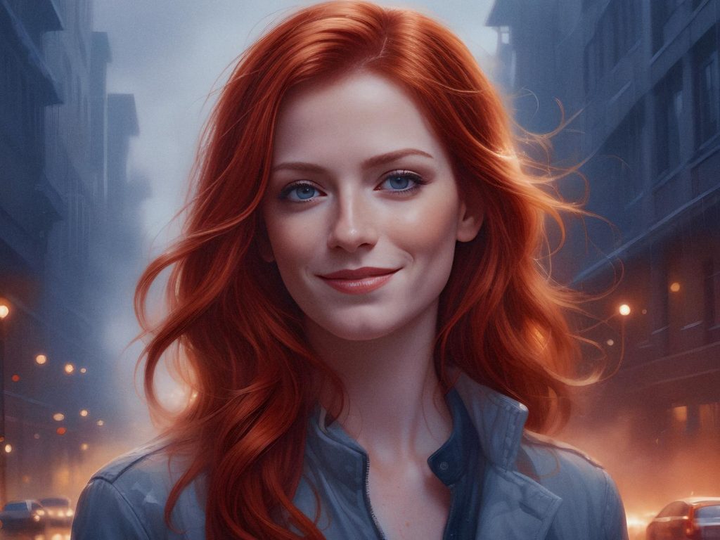 A red-haired woman exudes confidence in a light blue jacket and chic messenger bag. Loose hair flows, twilight mist and streetlights behind her.