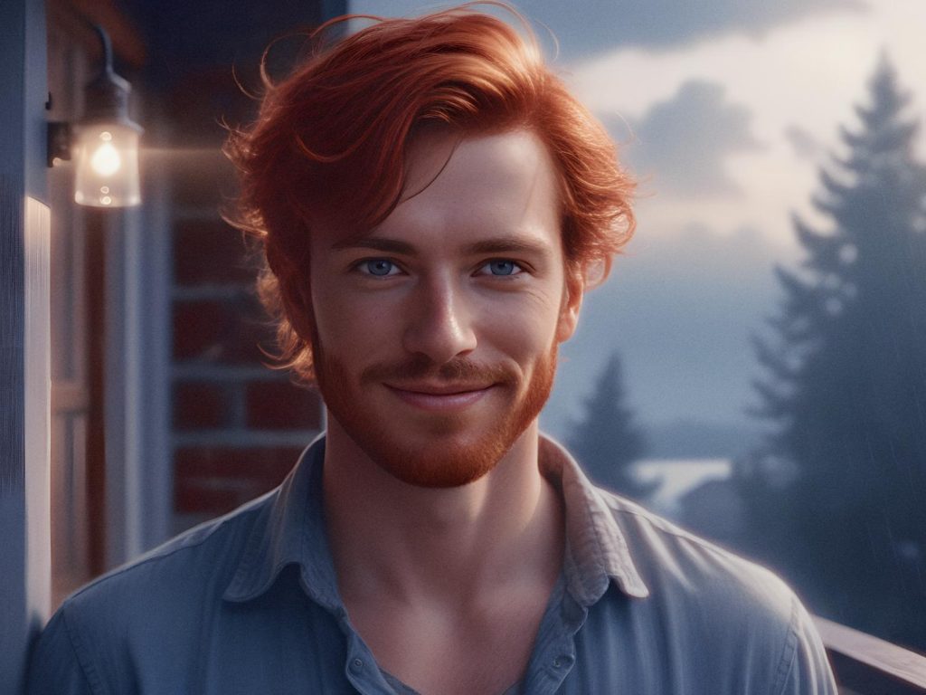 A red-haired person with a beard, in a light button-down shirt, smiles softly on a porch. The serene backdrop of trees complements their relaxed style.