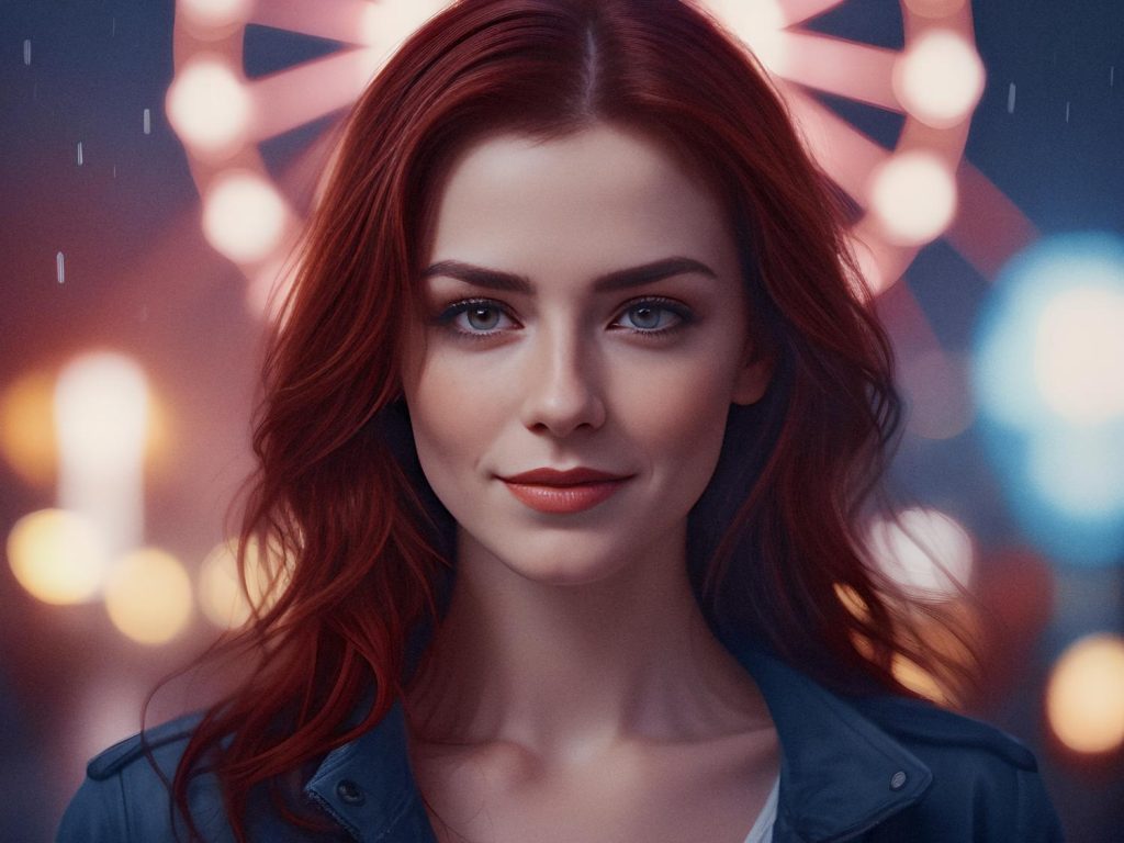 A woman with long red hair smiles subtly in front of festive, colorful lights. Dressed in a chic black jacket and holding a stylish messenger bag, she exudes versatile elegance.