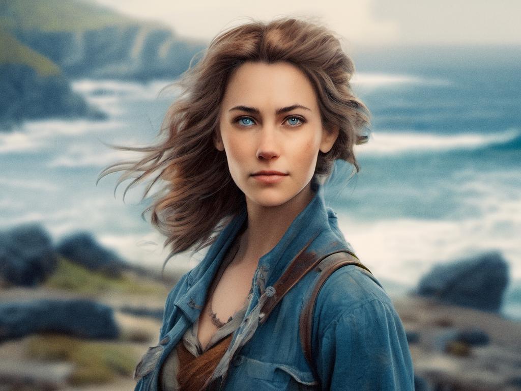A stylish woman with wavy blonde hair stands by a rocky coast, wearing a blue jacket and light brown top. Her messenger bag completes the chic seaside look as she gazes into the moody sky.