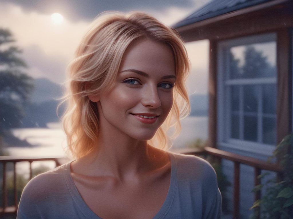 A radiant blonde woman with blue eyes smiles warmly on a porch at sunset, showcasing a trendy 2024 bag against a serene lakeside backdrop. #StyleElegance